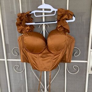 Satin Ruffle Strap Corset Top in Brown